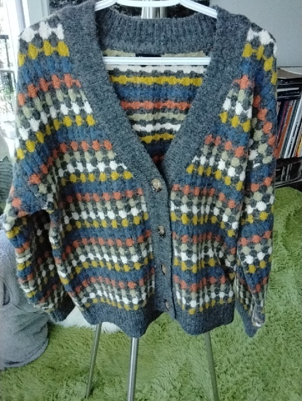 Blu Pepper Gray Striped Button-Front Cardigan with Mustard & Coral Accents